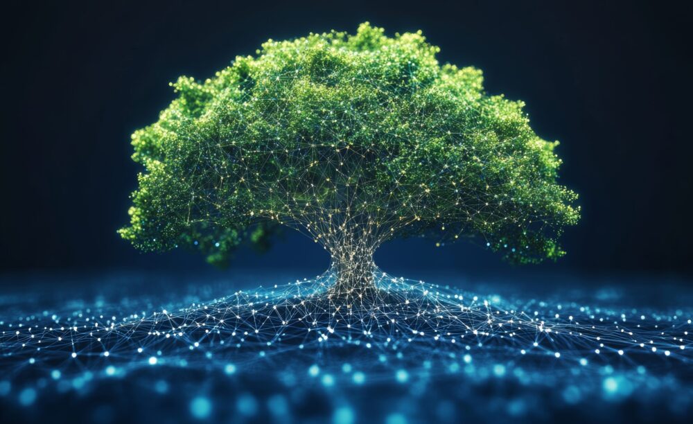 Glowing Tree of Life Digital Network. Technology, Ecology, and Sustainability Concept. Glowing Tree of Life Digital Network. Technology, Ecology, and Sustainability Concept.