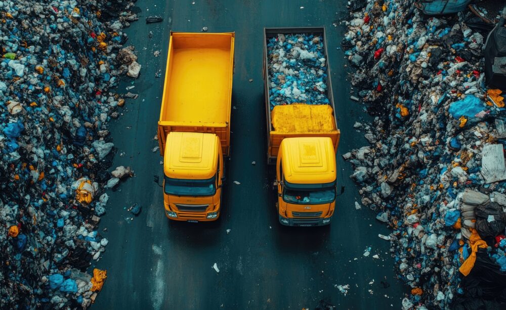 Two yellow garbage trucks transporting waste in a landfill Two yellow garbage trucks are driving on a road, transporting waste in a landfill